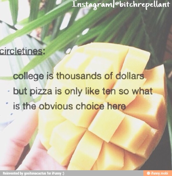 college is thousands of dolla
but pizza is only like
teh
so what is the obvious Y here