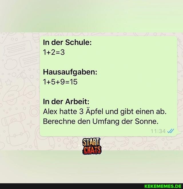 In der Schule:
Hausaufgaben:
In der Arbeit:
Alex hatte 3 Äpfel und gibt einen ab.
Berechne den Umfang der Sonne.