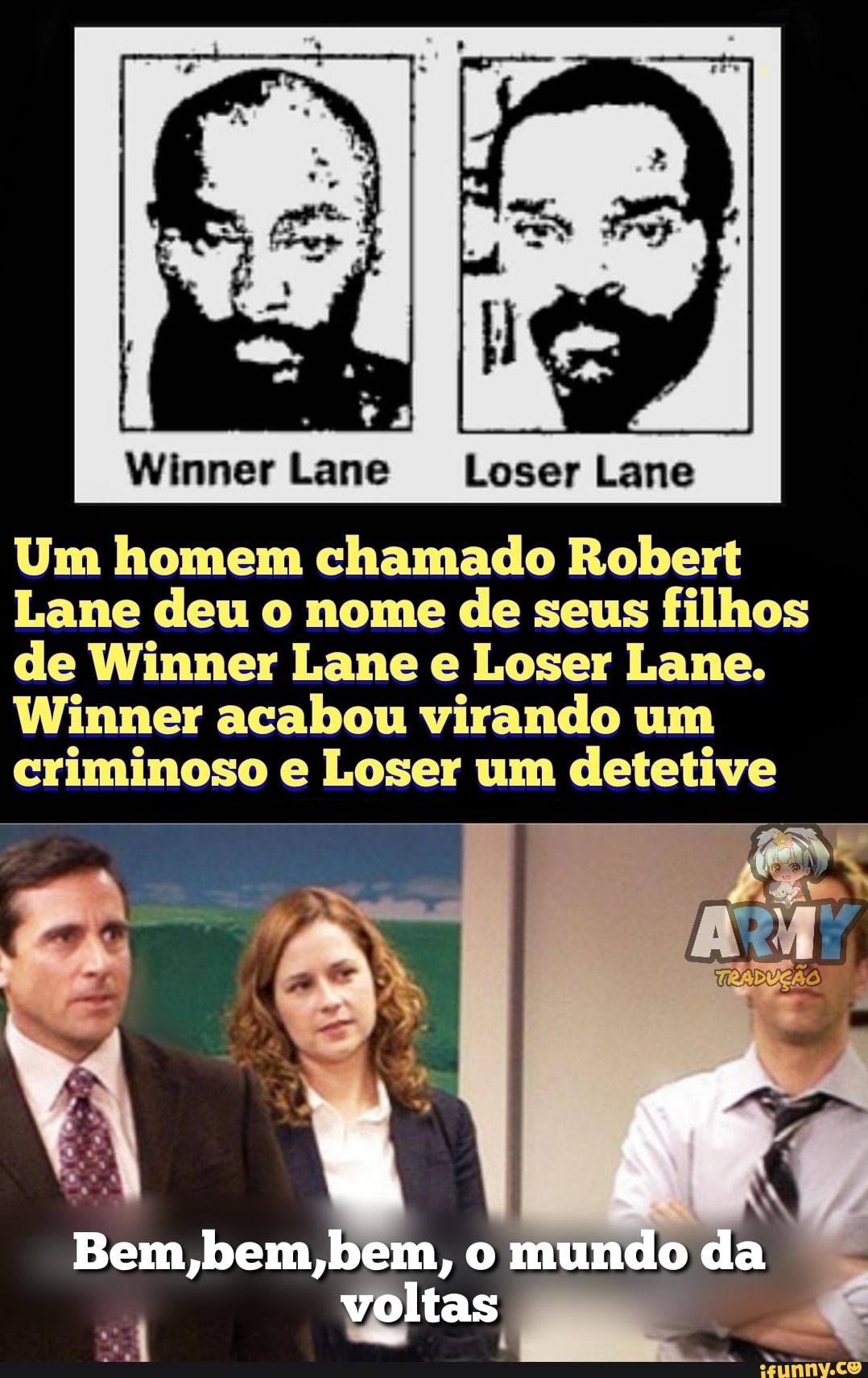 Winner Lane Loser Lane
Um homem chamado Robert
Lane deu o nome de seus filhos de Winner Lane e Loser Lane.
Winner acabou virando um criminoso e Loser um detetive
Bem,bem,bem, mundo da
voltas