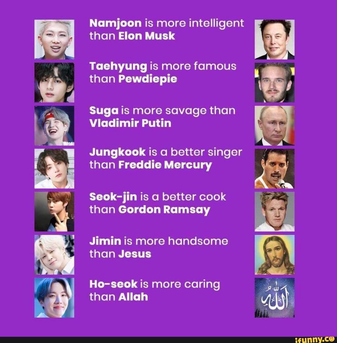 Namjoon is more intelligent than Elon Musk
Taehyung is more famous than Pewdiepie
Suga is more savage than
Viadimir Putin
Jungkook is a better singer than Freddie Mercury
Seok-jin is a better cook than Gordon Ramsay
Jimin is more handsome than Jesus
Ho-seok is more caring than Allah