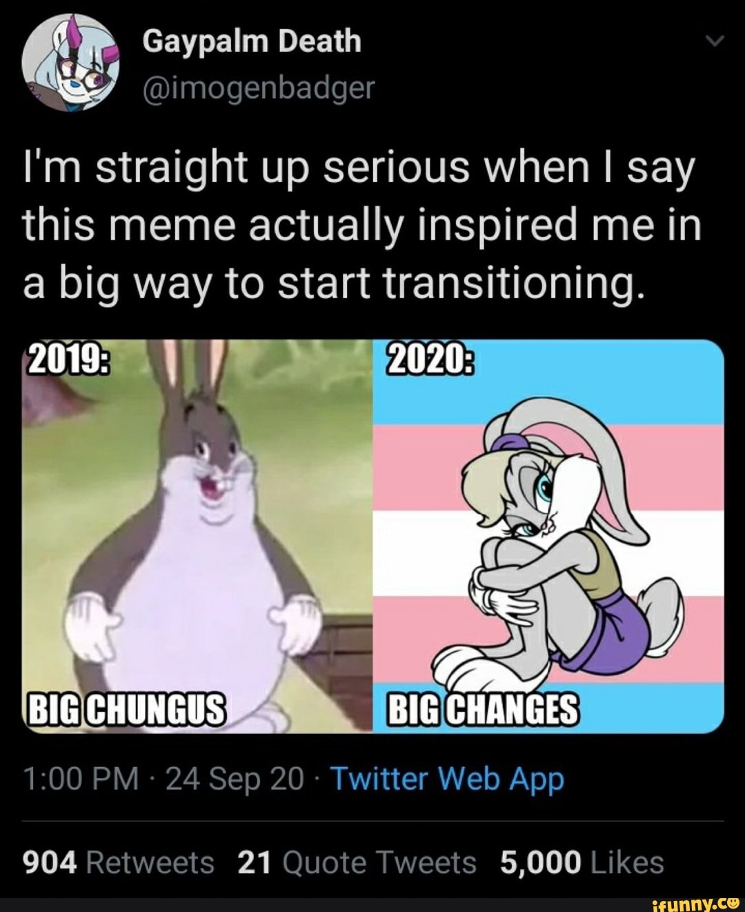 I'm straight up serious when I say this meme actually inspired me in a big way to start transitioning.
2019: 2020:
BIG CHUNGUS BIG CHANGES