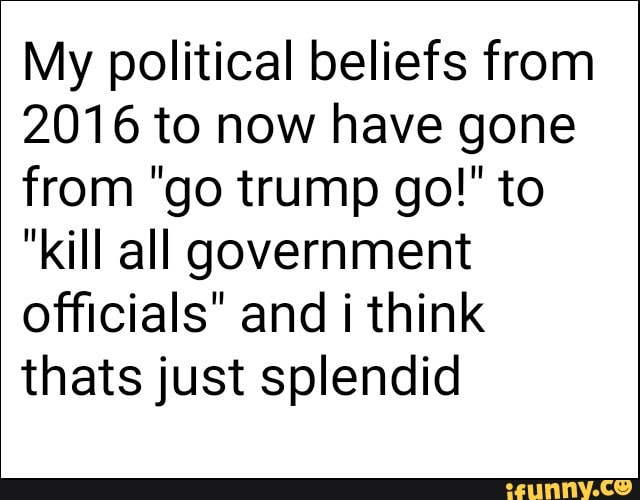 My political beliefs from
201 6 to now have gone
from "go trump go!" to
"kill all government
officials" and i think
thatsjust splendid