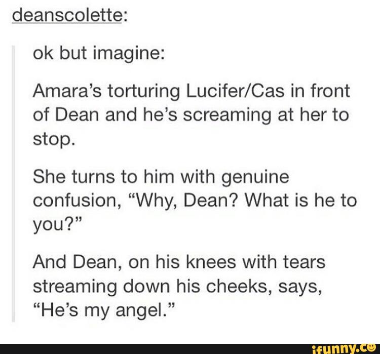 Amara’s torturing Lucifer/Cas in front
of Dean and he’s screaming at her to
stop.
She turns to him with genuine
confusion, “Why, Dean? What is he to
you?”
And Dean, on his knees with tears
streaming down his cheeks, says,
“He’s my angel.”