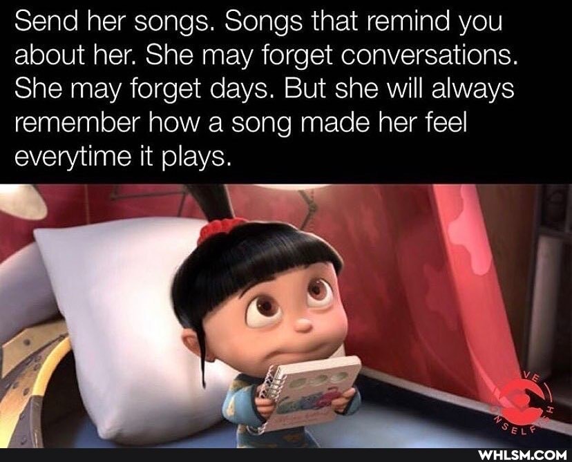 Send her songs. Songs that remind you about her. She may forget conversations.
She may forget days. But she will always remember how a song mace her feel everytime it plays.