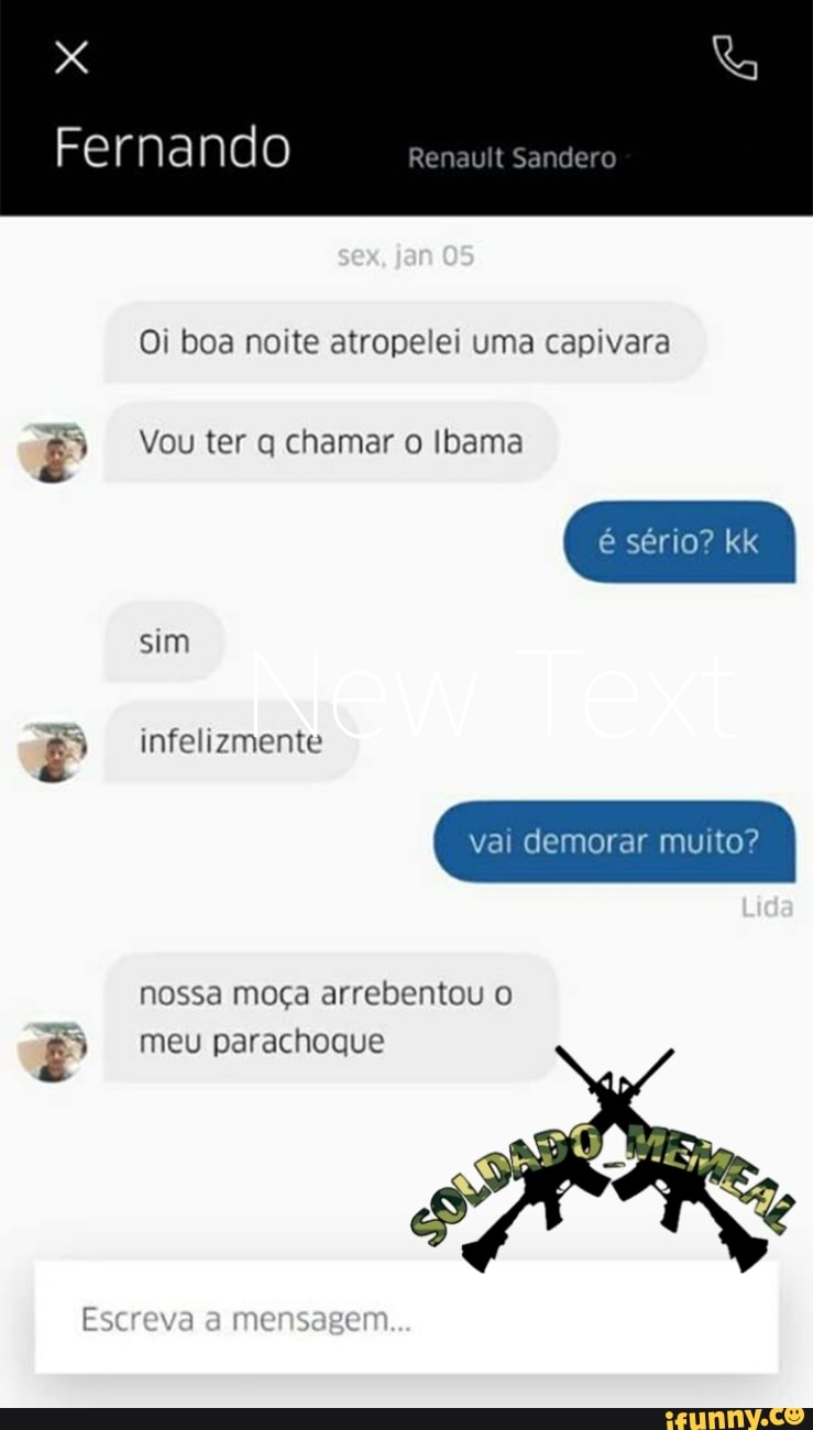 re
Oi boa noite atropelei uma capivara
Vou ter q chamar o Ibama
vai demorar muito?
nossa moça arrebentou o
meu parachoque