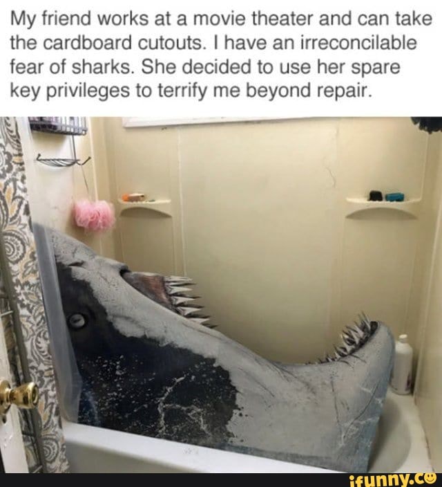 My friend works at a movie theater and can take the cardboard cutouts I have an irreconcilable fear of sharks. She decided to use her spare key privileges to terrify me beyond repair
AS