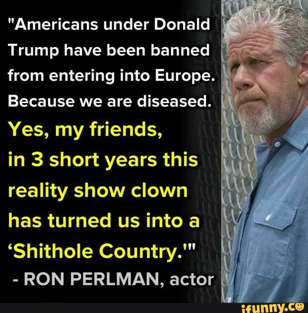 "Americans under Donald
p
Trump have been banned
from entering into Europe.
Because we are diseased.
Yes, my friends,
in 3 short years this
reality show clown
has turned us into a
'Shithole Country."
RON PERLMAN, actor
À