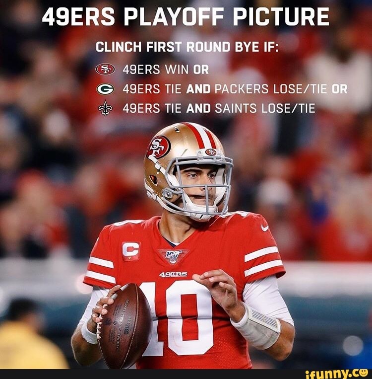 49ERS PLAYOFF PICTURE
CLINCH FIR ID
BYE IF: 49ERS TIE AND
PACKERS
LOSE 49ERS TIE AND SA! TS LOSE/TIE