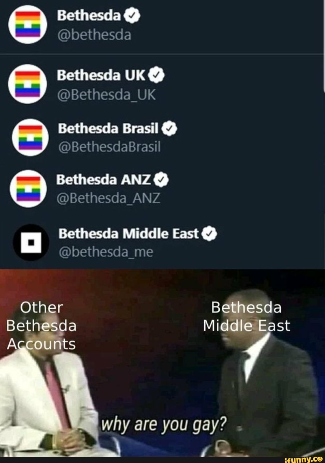 Bethesda @bethesda
Bethesda UK @Bethesda_UK
Bethesda Brasil Bethesda ANZ Bethesda Middle East @bethesda me
why are you gay?