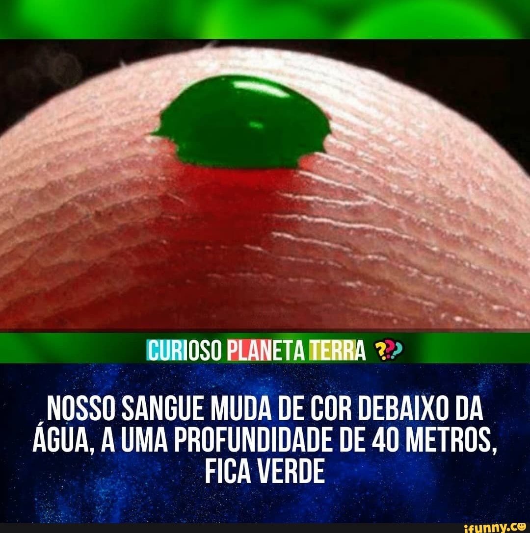CURIOSO PLANETA TERRA
NOSSO SANGUE MUDA DE COR DEBAIXO DA ÁGUA, A UMA PROFUNDIDADE DE 40 METROS,
FICA VERDE