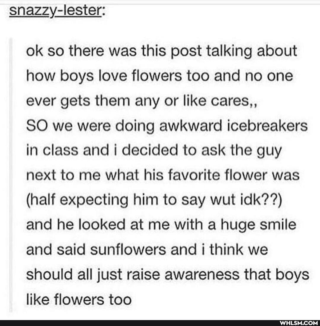 snazzy-lester:
ok so there was this post talking about how boys love flowers too and no one ever gets them any or like cares,,
SO we were doing awkward icebreakers in class and decided to ask the guy next to me what his favorite flower was
(half expecting him to say wut idk??) and he looked at me with a huge smile and said sunflowers and i think we should all just raise awareness that boys like flowers too