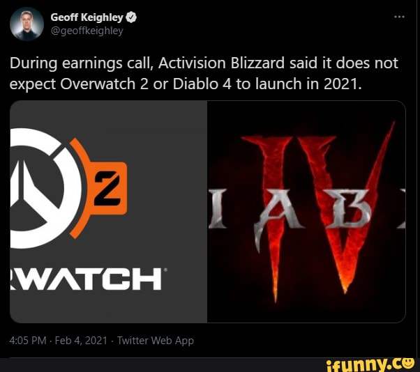 During earnings call, Activision Blizzard said it does not expect Overwatch 2 or Diablo 4 to launch in 2021.
[AB: