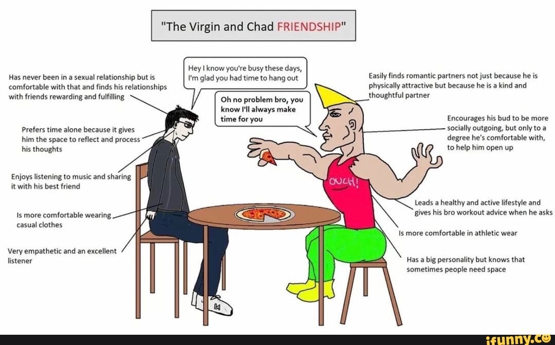 "The Virgin and Chad FRIENDSHIP"
Hey I know you're busy these days,
Has never been in a sexual
relationship but is I'm glad you had time to hang out
Easily finds romantic partners not just because he is
comfortable with that and
finds his relationships physically attractive but because he is a
kind and
fulfilling thoughtful partner
know I'll always make
time for you
Encourages his bud to be more