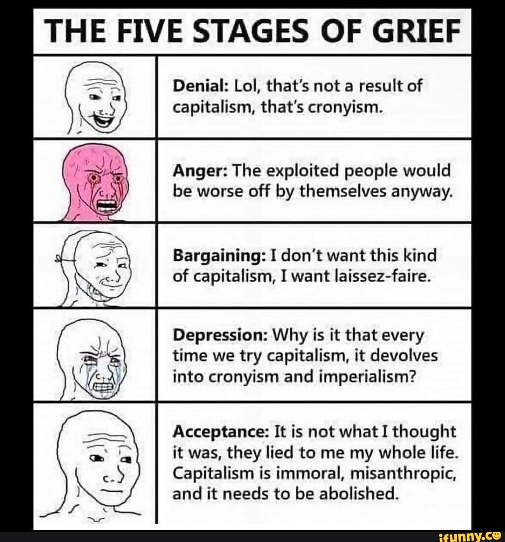 THE FIVE STAGES OF GRIEF Denial: Lol, that's not a result of capitalism ...