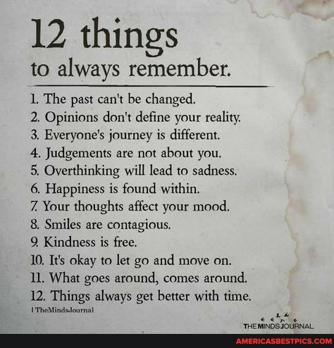 12 things to always remember.
1. The past can't be changed.
2. Opinions don't define your reality.
3. Everyone's journey is different.
4, Judgements are not about you.
5, Overthinking will lead to sadness.
6. Happiness is found within.
Your thoughts affect your mood.
8, Smiles are contagious.
Kindness is free.
10. It's okay to let go and moye on.
What goes around, comes around.
12. Things always get better with time.
'TheMindsfournal
THEMINOSJOURNAL.