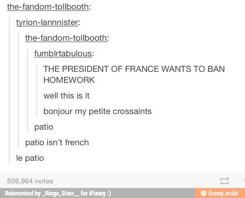 tyrion-lannnister:
the-fandom-tollbooth:
fumbirtabulous:
THE PRESIDENT OF FRANCE WANTS TO BAN
HOMEWORK
well this is it
bonjour my petite crossaints
patio
patio isn't french
le patio
509,964 notes
