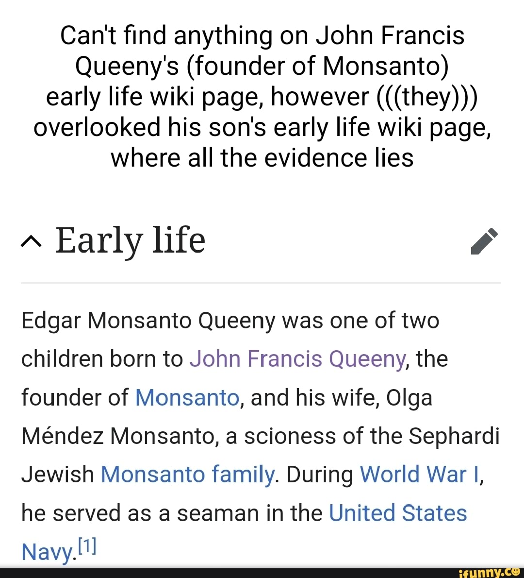 Cant find anything on John Francis Queeny's (founder of Monsanto) early