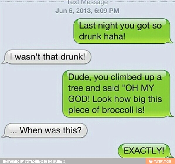 Last night you got so
drunk haha!
A wasn't that drunk!
Dude, you climbed up a
tree and said "OH MY
GOD! Look how big this
piece of broccoli is!