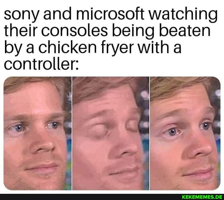 sony and by a chic sony and microsoft watching their consoles being beaten fryer