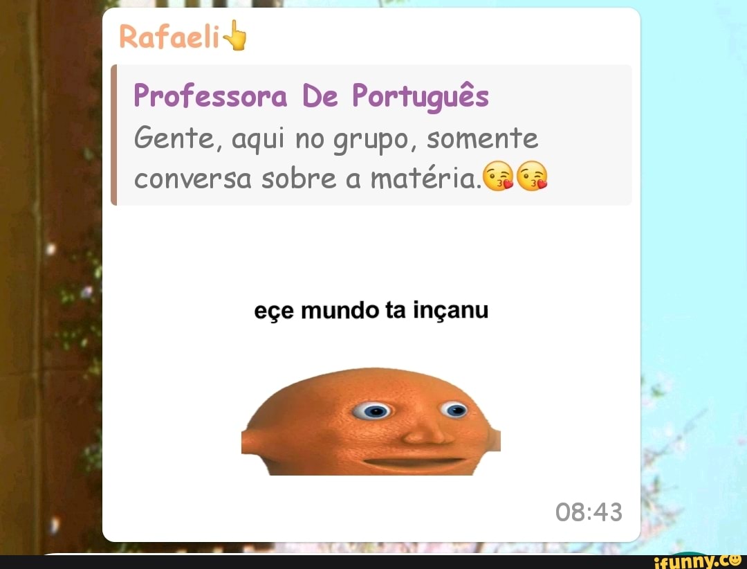 y
Professora De Português
Gente, aqui no grupo, el ld AUS
conversa sobre a
matéria.é EE
eçe mundo ta inçanu
