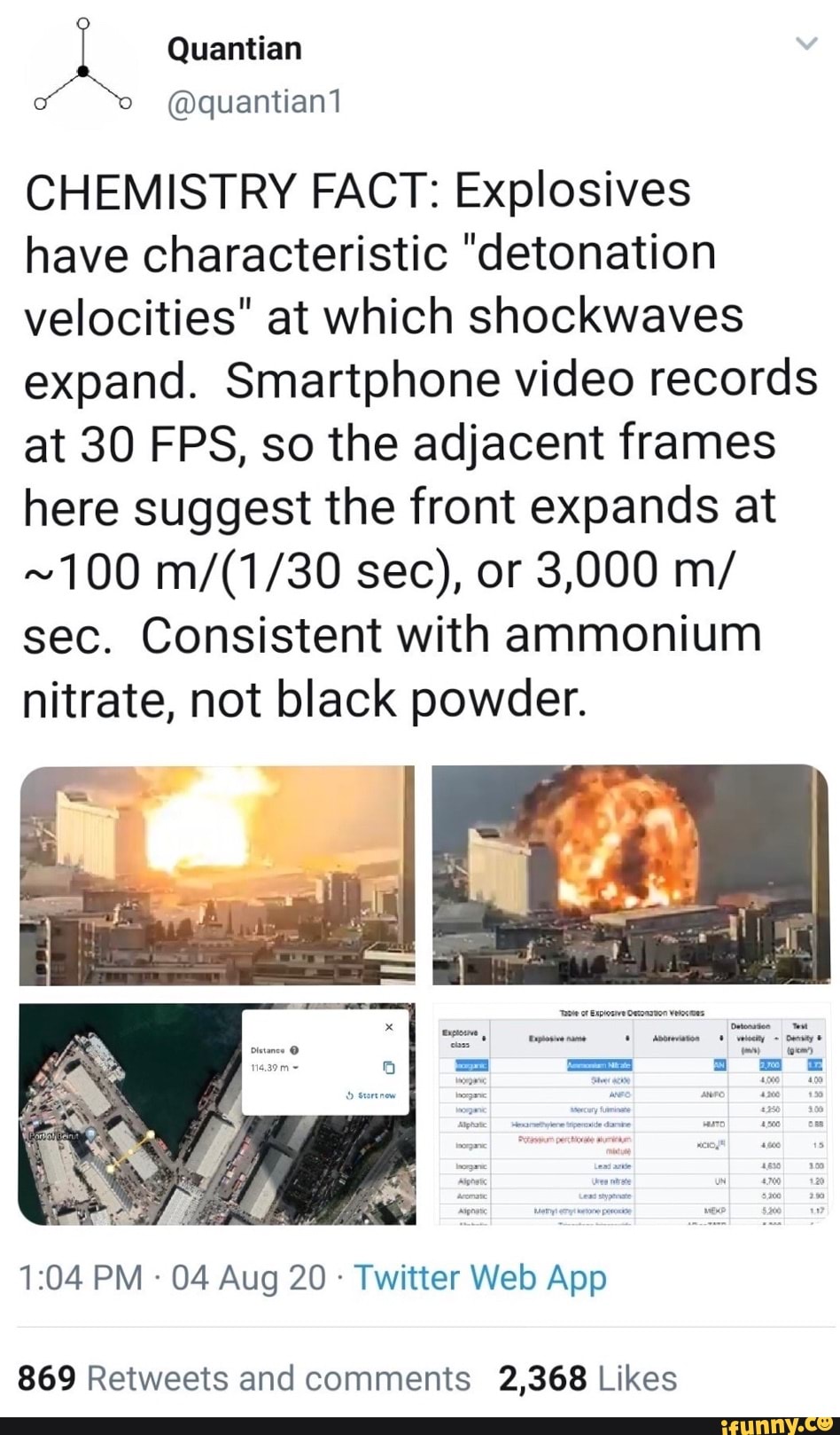Quantian
CHEMISTRY FACT: Explosives have characteristic "detonation velocities" at which shockwaves expand. Smartphone video records at 30 FPS, so the adjacent frames here suggest the front expands at
~100 sec), or 3,000 m/ sec. Consistent with ammonium nitrate, not black powder.