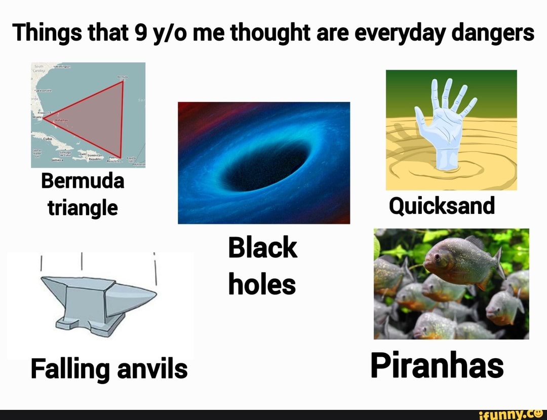 Things that 9 me thought are everyday dangers
Bermuda triangle
Quicksand
Black
I Wand holes
Falling anvils Piranhas