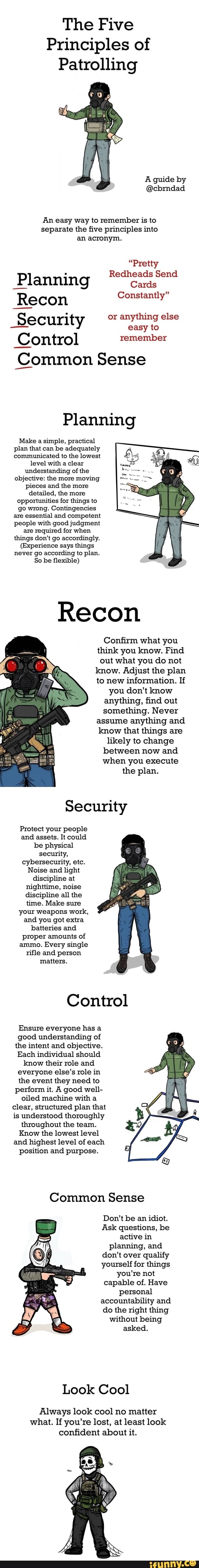 The Five
Principles of
Patrolling
A guide by
@cbrndad
An easy way to remember is to separate the five principles into
an acronym.
"Pretty
Redheads Send
Planning
Rec on Constantly"
Security or else
Control remember
Common Sense
Planning
Make a simple, practical plan that can be adequately communicated to the lowest
level with a clear understanding of the objective: the more moving pieces and the more detailed, the more opportunities for things to go wrong. Contingencies are essential and competent people with good judgment are required for when things don't go accordingly.
(Experience says things never go according to plan.
So be flexible)
Recon
Confirm what you think you know. Find out what you do not know. Adjust the plan to new information. If you don't know anything, find out something. Never assume anything and know that things are likely to change between now and when you execute the plan.
Security
Protect your people and assets. It could be physical security, cybersecurity, etc.
Noise and light discipline at nighttime, noise discipline all the time. Make sure your weapons work, and you got extra batteries and proper amounts of ammo. Every single rifle and person matters.
Control
Ensure everyone has a good understanding of the intent and objective.
Each individual should know their role and everyone else's role in the event they need to perform it. A good well- oiled machine with a clear, structured plan that is understood thoroughly throughout the team.
Know the lowest level and highest level of each position and purpose.
Common Sense
Don't be an idiot.
Ask questions, be active in planning, and don't over qualify yourself for things you're not capable of. Have personal accountability and do the right thing without being asked.
Look Cool
Always look cool no matter what. If you're lost, at least look confident about it.