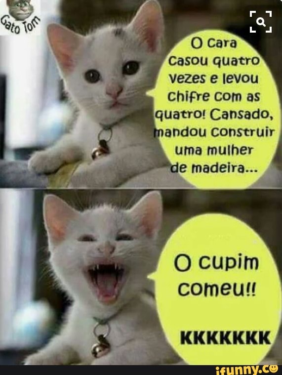 vezes e levou
Chifre com as
quatro! Cansado,
andou construir
uma mulher
de madeira...
O cupim
comeu!!