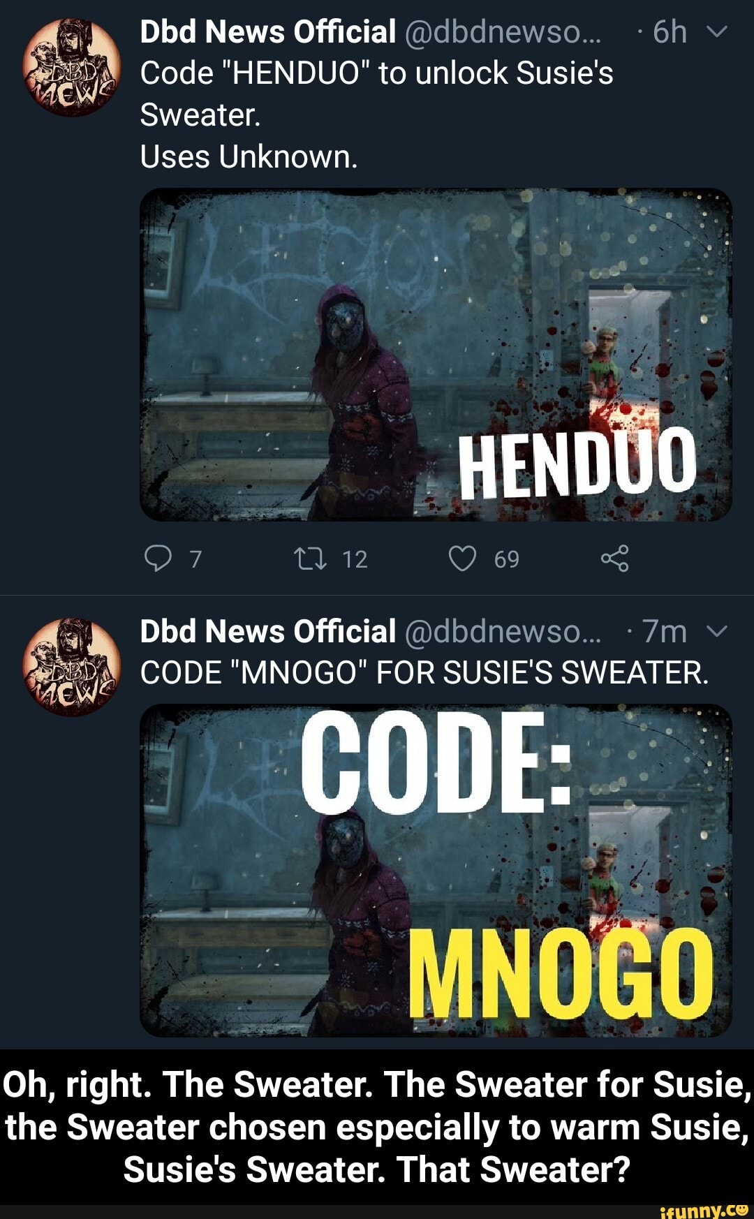 Dbd News Official Code Henduo To Unlock Susie S Sweater Uses Unknown Henduo 69 12 Dbd News