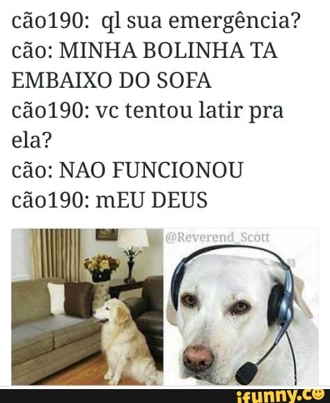 cão190: ql sua emergência?
cão: MINHA BOLINHA TA
EMBAIXO DO SOFA
cão190: vc tentou latir pra
ela?
cão: NAO FUNCIONOU
cão190: mEU DEUS