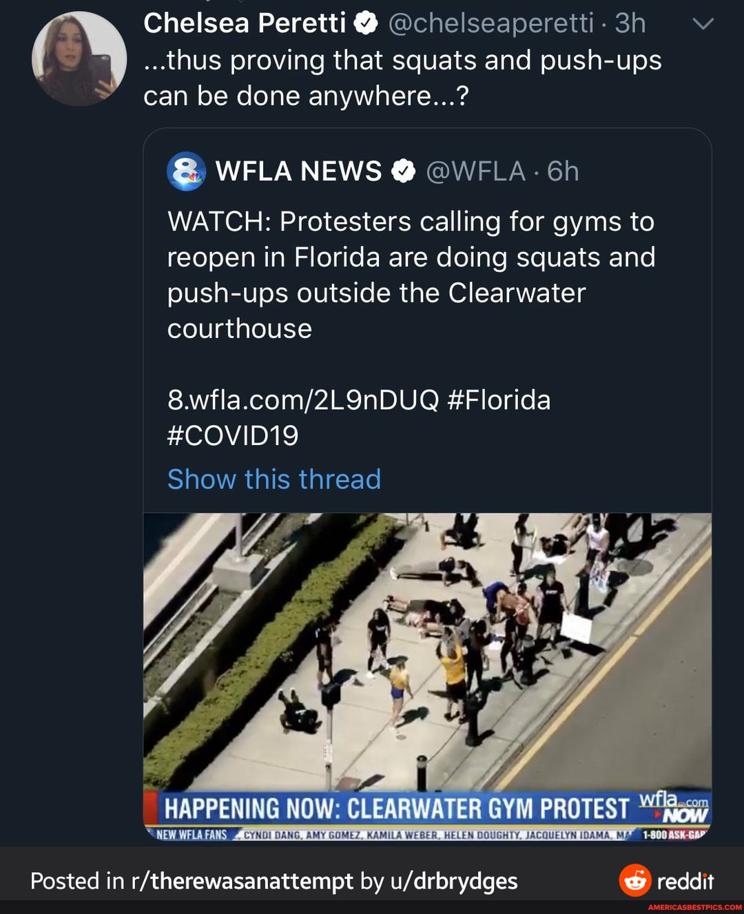 Chelsea Peretti @ @chelseaperetti-3h vv
...thus proving that squats and push-ups can be done anywhere...?
WATCH: Protesters calling for gyms to reopen in Florida are doing squats and push-ups outside the Clearwater courthouse
#Florida
#COVID19
Show this thread
Posted in by reddit
