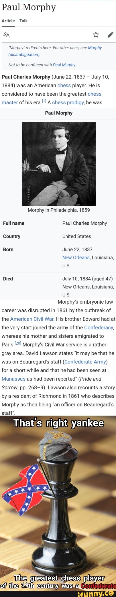 Paul Morphy: Morphy Redirects Here. For Other Uses, See