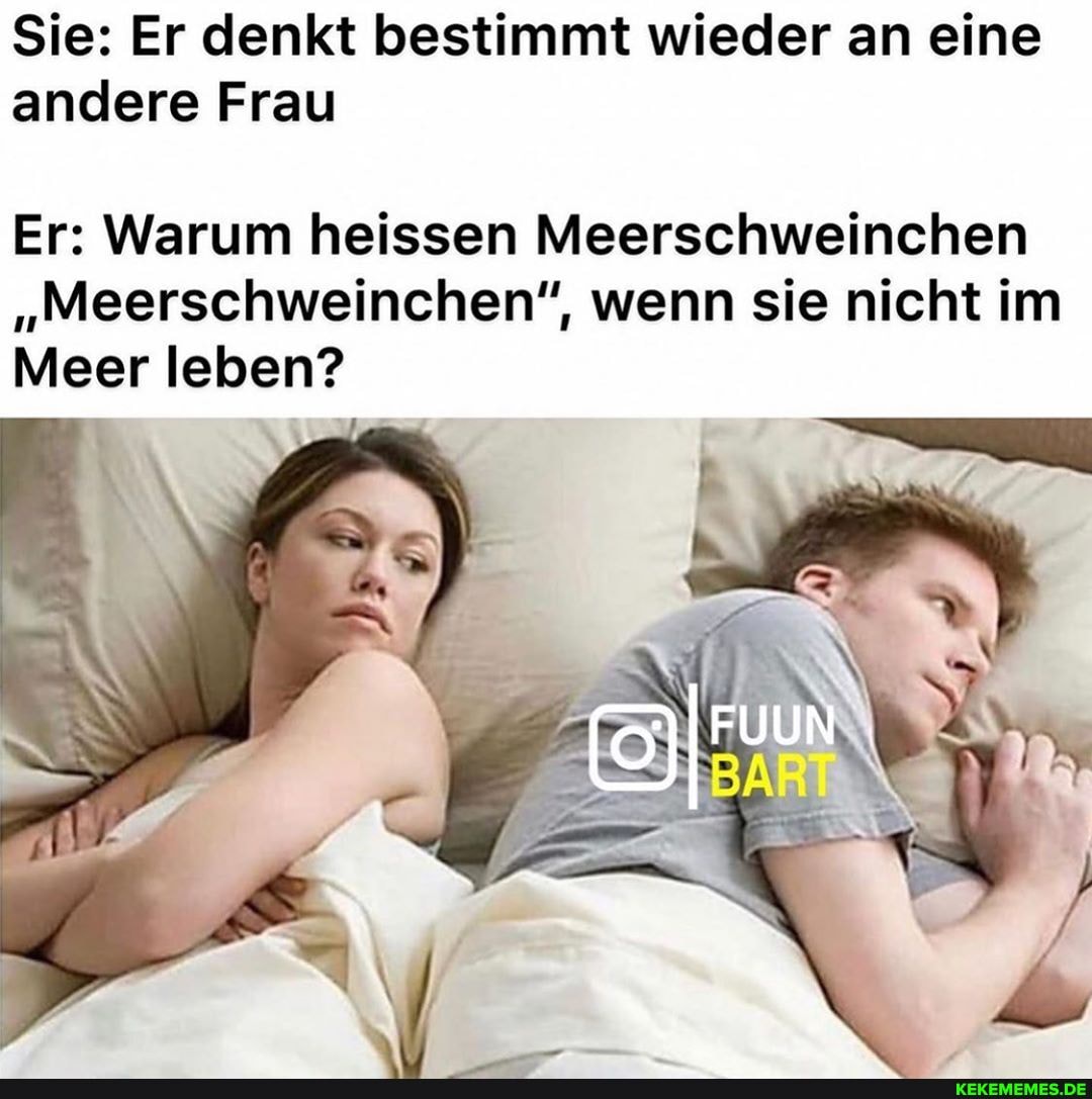 Sie: Er denkt bestimmt wieder an eine andere Frau
Er: Warum heissen Meerschweinchen
"Meerschweinchen", wenn sie nicht im
Meer leben?