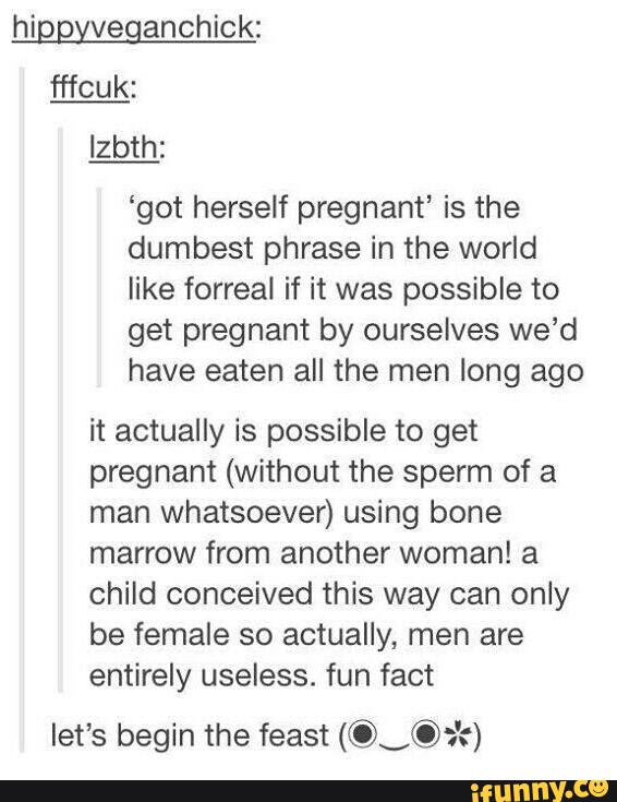 ‘got herself pregnant‘ is the
dumbest phrase in the world
like forreal if it was possible to
get pregnant by ourselves we’d
have eaten all the men long ago
it actually is possible to get
pregnant (without the sperm of a
man whatsoever) using bone
marrow from another woman! a
child conceived this way can only
be female so actually, men are
entirely useless. fun fact
let’s begin the feast (©__,©=':)