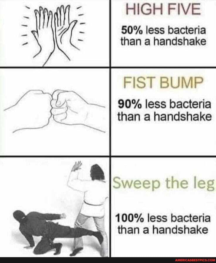 HIGH FIVE
50% less bacteria than a handshake
Vii y
FIST BUMP
90% less bacteria than a handshake
Sweep the leg
ft a
100% less bacteria
I than a handshake