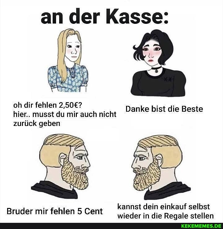 an der Kasse:
oh dir fehlen hier.. musst du mir auch nicht zurück geben
Danke bist die Beste
kannst dein einkauf selbst
in Danala
Bruder mir fehlen 5 Cent