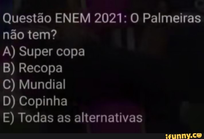 Questão ENEM 2021: O Palmeiras não tem?
A) Super copa
B) Recopa
C) Mundial
D) Copinha
E) Todas as alternativas