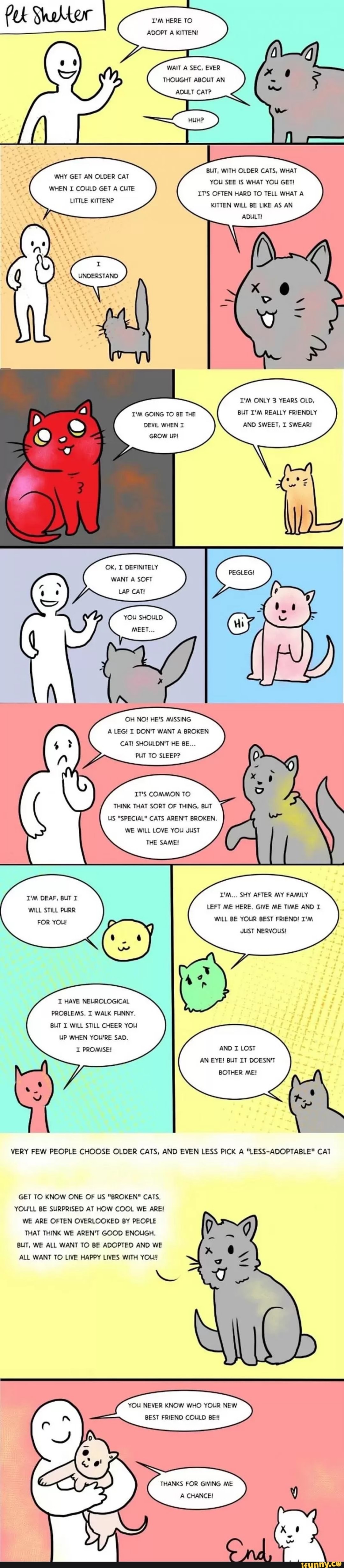 I'M HERE TO ADOPT A KITTEN!
WAIT A SEC, EVER THOUGHT ABOUT AN ADULT CAT?
BUT, WITH OLDER CATS, WHAT YOU SEE IS WHAT YOU GET!
IT'S OFTEN HARD TO TELL WHAT A KITTEN WILL BE LIKE AS AN ADULT!
WHY GET AN OLDER CAT WHEN I COULD GET A CUTE LITTLE KITTEN?
UNDERSTAND
I'M ONLY 3 YEARS OLD,
BUT I'M REALLY FRIENDLY AND SWEET, I SWEAR!
I'M GOING TO BE THE DEVIL WHEN I GROW UP!
OK, I DEFINITELY WANT SOFT LAP CaT!
YOU SHOULD MEET...
OH NO! HE'S MISSING A LEG! I DON'T WANT A BROKEN CAT! SHOULDN'T HE BE..
PUT TO SLEEP?
IT'S COMMON TO THINK THAT SORT OF THING, BUT US "SPECIAL" CATS AREN'T BROKEN.
WE WILL LOVE YOU JUST THE SAME!
I'M... SHY AFTER MY FAMILY LEFT ME HERE. GIVE ME TIME AND I WILL BE YOUR BEST FRIEND! I'M JUST NERVOUS!
I'M DEAF, BUT WILL STILL PURR FOR YOU!
I HAVE NEUROLOGICAL PROBLEMS. I WALK FUNNY.
BUT I WILL STILL CHEER YOU UP WHEN YOU'RE SAD.
I PROMISE! AND I LOST AN EYE! BUT IT DOESN'T
Sa
BOTHER ME!
VERY FEW PEOPLE CHOOSE OLDER CATS, AND EVEN LESS PICK A "LESS-ADOPTABLE" CAT
GET TO KNOW ONE OF US "BROKEN" CATS YOU'LL BE SURPRISED AT HOW COOL WE ARE!
WE ARE OFTEN OVERLOOKED BY PEOPLE THAT THINK WE AREN'T GOOD ENOUGH.
BUT, WE ALL WANT TO BE ADOPTED AND WE ALL WANT TO LIVE HAPPY LIVES WITH YOU!
YOU NEVER KNOW WHO YOUR NEW BEST FRIEND COULD BE!!
THANKS FOR GIVING ME A CHANCE!