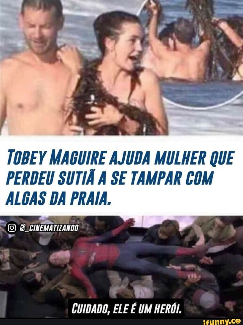 TOBEY MAGUIRE AJUDA MULHER QUE PERDEU SUTIÃ A SE TAMPAR COM ALGAS DA PRAIA.
CUIDADO, ELE UM HERÓI.