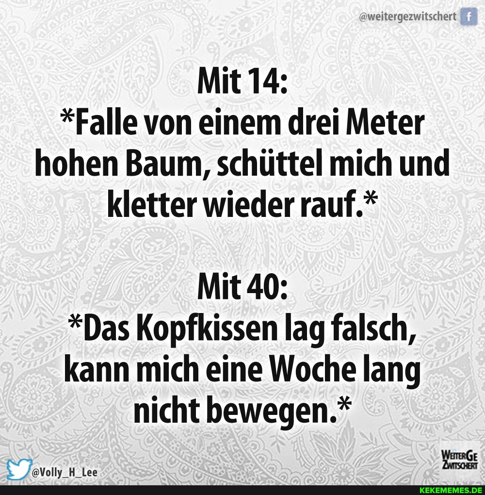 @weitergezwitschert
Mit 14:
*Falle von einem drei Meter hohen Baum, schüttel mich und kletter wieder rauf.*
Mit 40:
*Das Kopfkissen lag falsch, kann mich eine Woche lang nicht bewegen.*
lea
