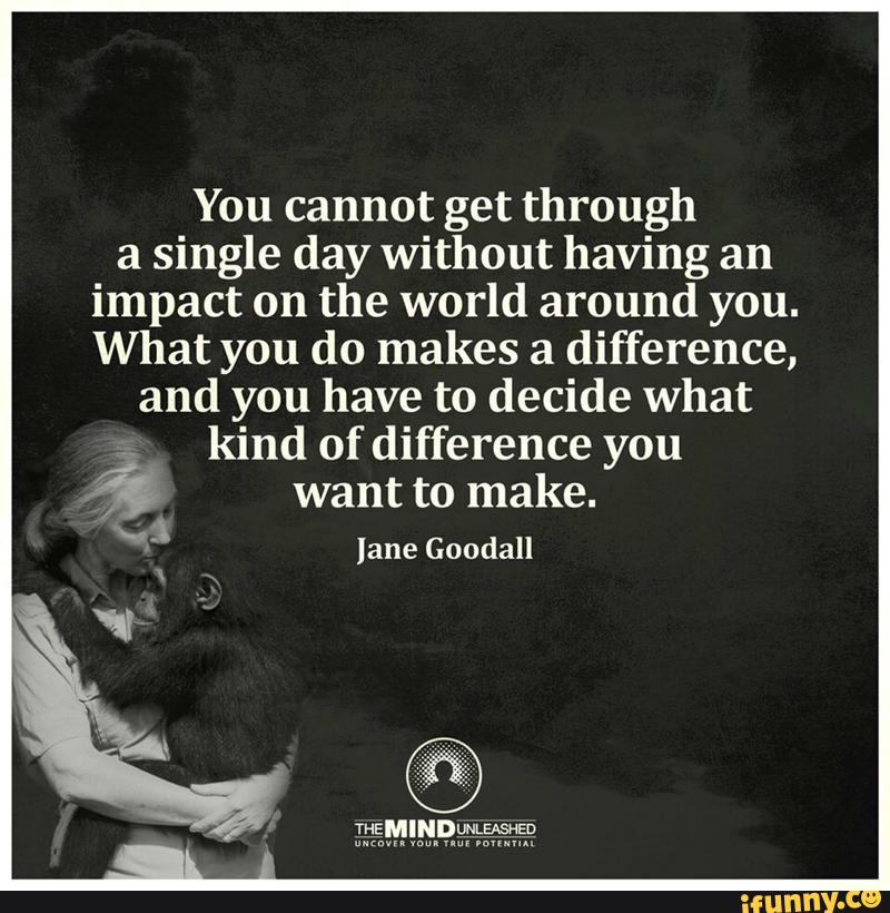 You cannot get through
a single day without having an
impact on the world around you.
What you do makes a difference,
and you have to decide what
&
kind of difference you
' want to make.
Iane Goodall
