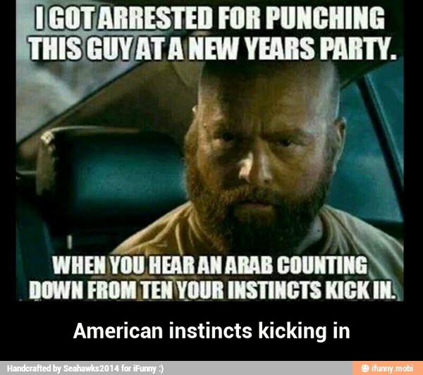 GOTARRESTED FOR PUNCHING
THIS GUY/AT A NEW YEARS PARTY.
1
WHEN YOU HEAR AN ARAB
we
DOWN FROM TEN YOUR INSTINCTS KICK
American instincts kicking in - American instincts kicking in
