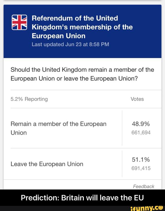 Referendum of the United
Kingdom's membership of the
Should the United Kingdom remain a member of the
European Union or leave the European Union?
Remain a member of the European 48.9%
Union .
4
Leave the European Union
Predic n: Bri ain will leave the EU - Prediction: Britain will leave the EU