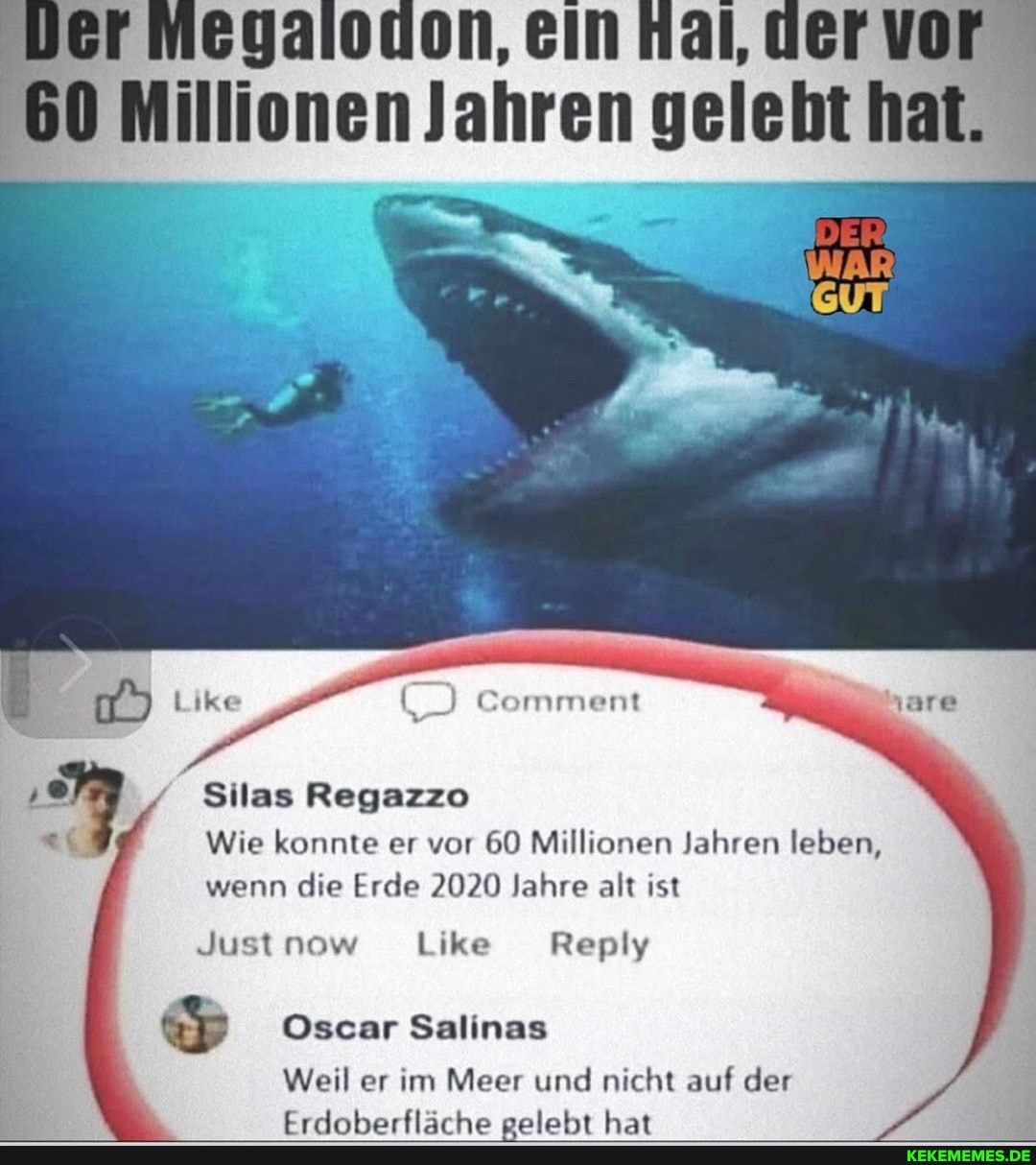 Jer Megalodon, ein Hal, der vor
60 Millionen Jahren gelebt hat.
DER
Comment
Silas Regazzo
Wie konnte er vor 60 Millionen Jahren leben, wenn die Erde 2020 Jahre alt ist
Oscar Salinas
Weil er im Meer und nicht auf der
Just now Like Reply