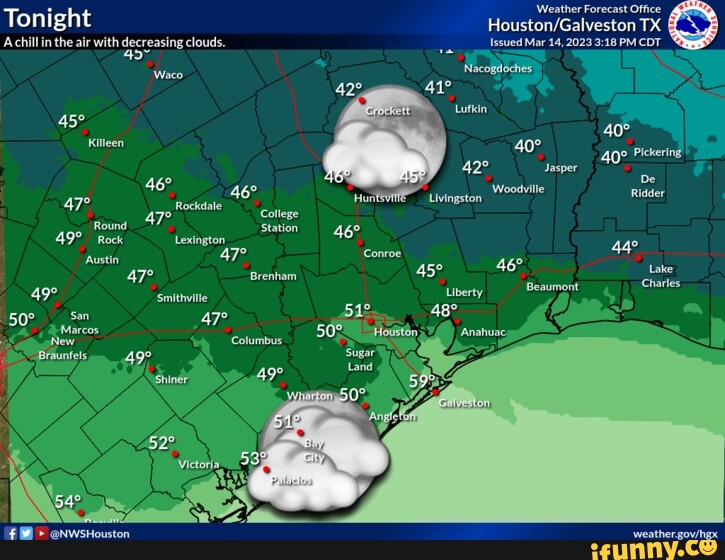 Tonight A chil inthe ar with decreasing clouds. Waco kiteen 46 ound tion Rock Austin Brenham
