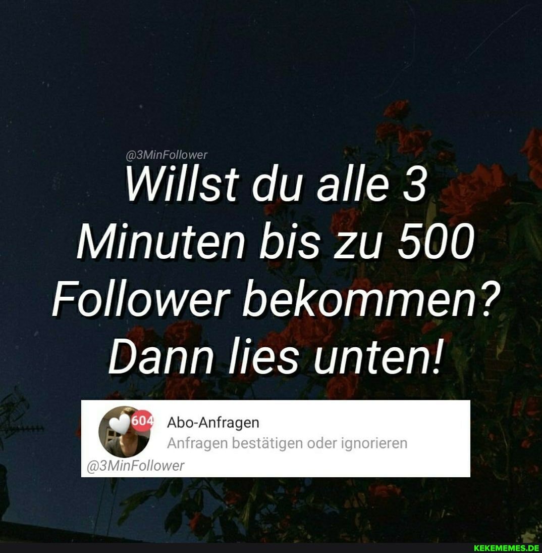 Willst du alle 3
Minuten bis zu 500
Follower bekommen?
Dann lies unten!
Abo-Anfragen
Anfragen bestätigen oder ignorieren