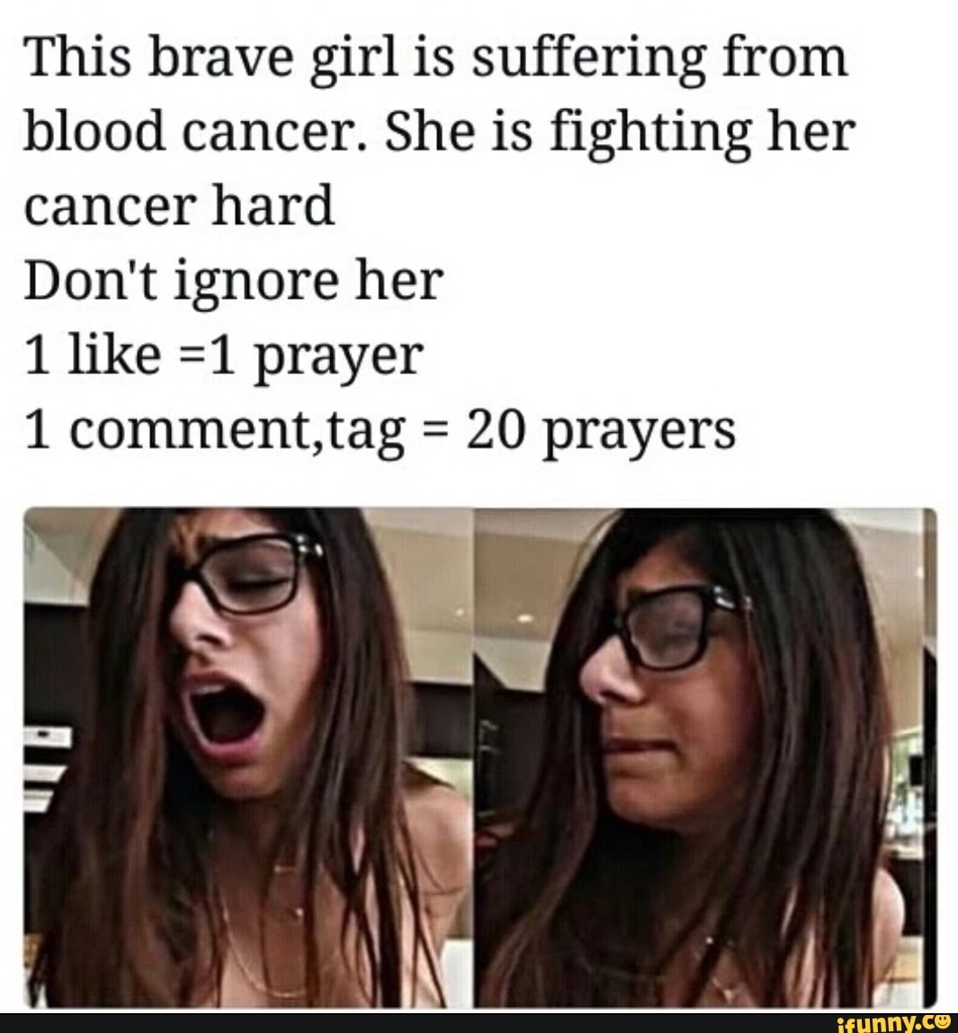 This brave girl is suffering from
blood cancer. She is fighting her
cancer hard
Don't ignore her
1 like =1 prayer
1 comment,tag =
20 prayers