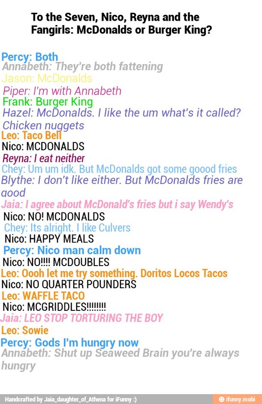 To the Seven, Nico, Reyna and the
Fangirls: McDonalds or Burger King?
Percy: Both
Piper: I'm with Annabeth
Frank: Burger King
Hazel: McDonalds. I like the um what's it called?
Chicken nuggets
Leo: Taco Be
Reyna: I! eat neither
ney mum S goood fries
Blythe: I don't like
Cite But McDonalds
fries are
Nico: HAPPY MEALS
Percy: Nico man calm down
Nico: NO!!! MCDOUBLES
Leo: Oooh let me try something. Doritos Locos Tacos
Nico: NO QUARTER POUNDERS
Leo: WAFFLE TACO
Leo: Sowie
Percy: Gods I'm hungry now
