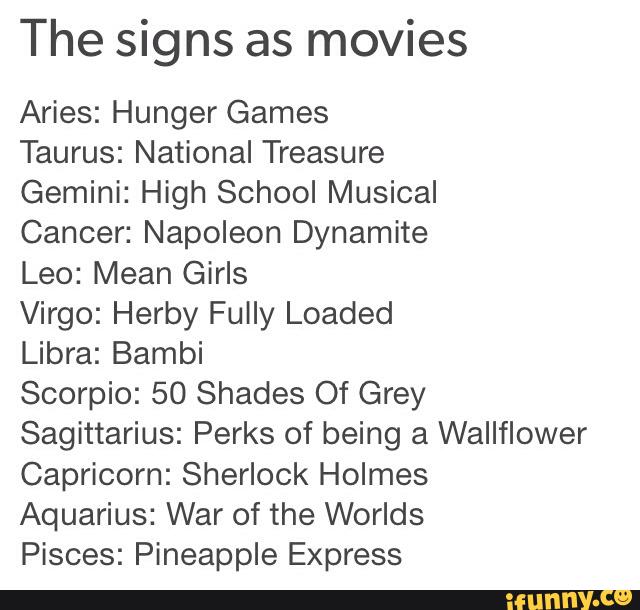 The signs as movies
Aries: Hunger Games
Taurus: National Treasure
Gemini: High School Musical
Cancer: Napoleon Dynamite
Leo: Mean Girls
Virgo: Herby Fully Loaded
Libra: Bambi
Scorpio: 50 Shades Of Grey
Sagittarius: Perks of being a Wallflower
Capricorn: Sherlock Holmes
Aquarius: War of the Worlds
Pisces: Pineapple Express