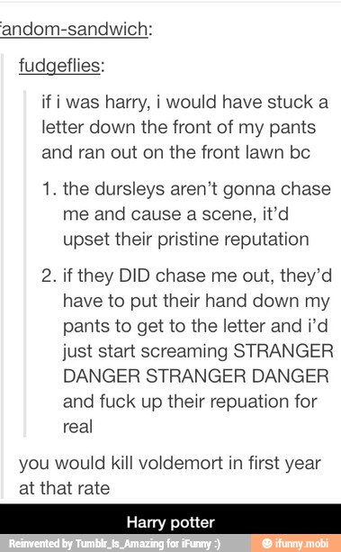 andom-sandwich:
fudgeflies:
if i was harry, i would have stuck a
letter down the front of my pants
and ran out on the front lawn be
1. the dursleys aren't gonna chase
me and cause a scene, it'd
upset their pristine reputation
2. if they DID chase me out, they'd
have to put their hand down my
pants to get to the letter and i'd
just start screaming STRANGER
DANGER STRANGER DANGER
and fuck up their repuation for
real
you would kill voldemort in first year
at that rate
Harry pott